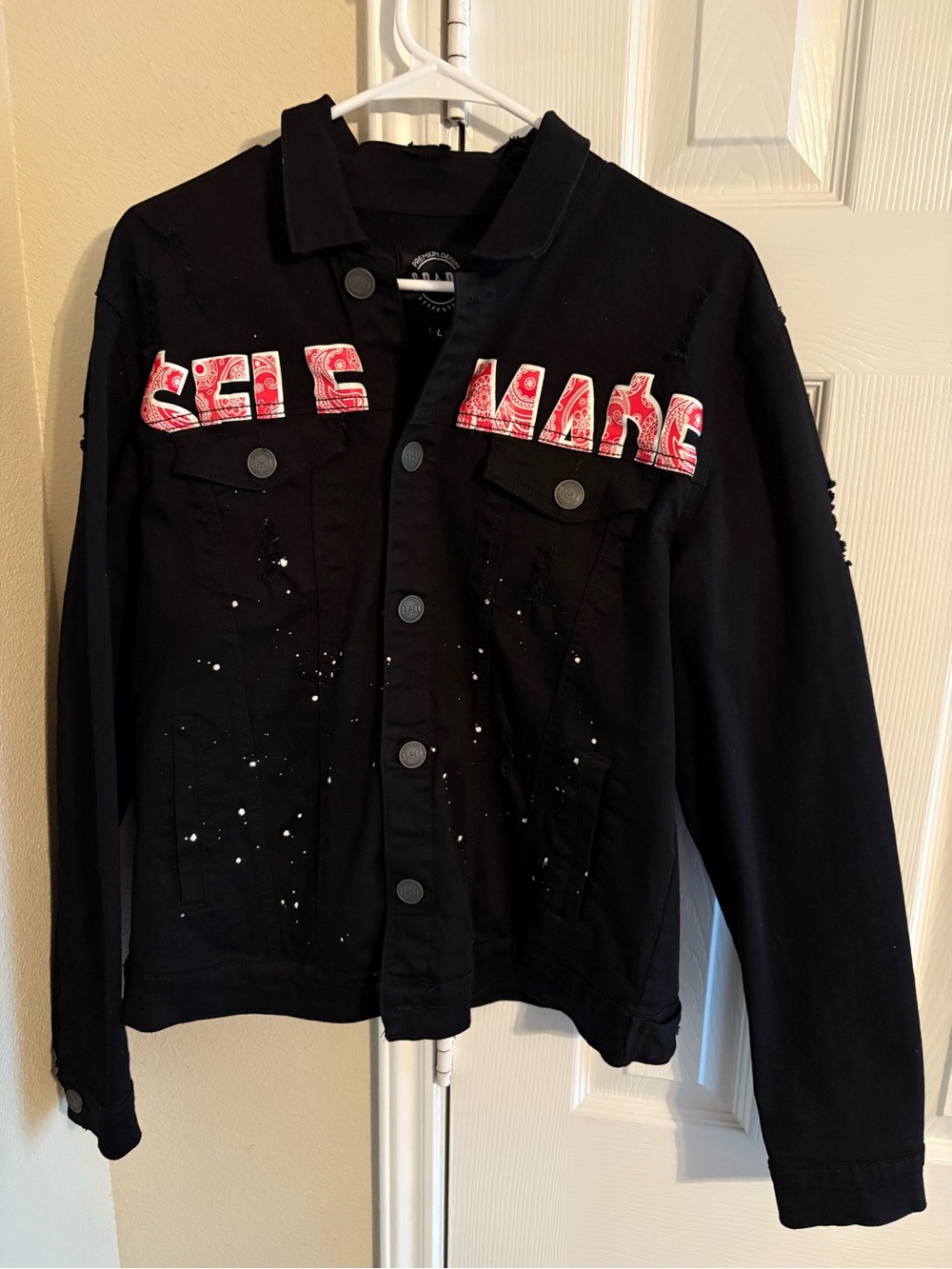 Black Jean Jacket with Red Graphic Chest Panels